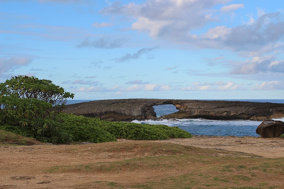 rock, rockisland, wave, hawaii, landscape, sky, bluesky, america, HD wallpaper