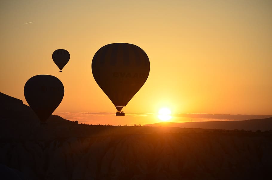 turkey, kapadokya balloons, hot air balloon, sunset, air vehicle, HD wallpaper