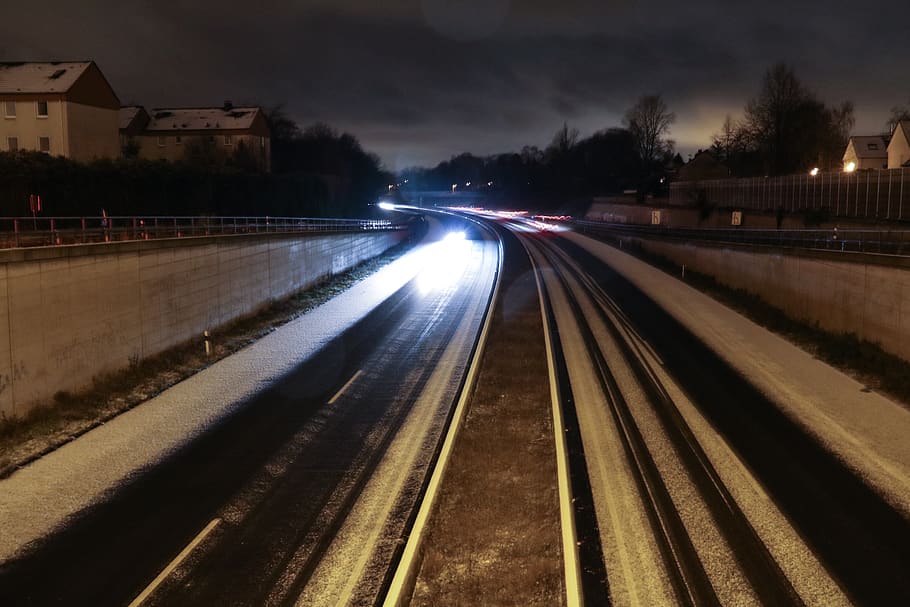 infinity, autobahn, highway, snowcovered, snowfall, cars, lightpainting HD wallpaper