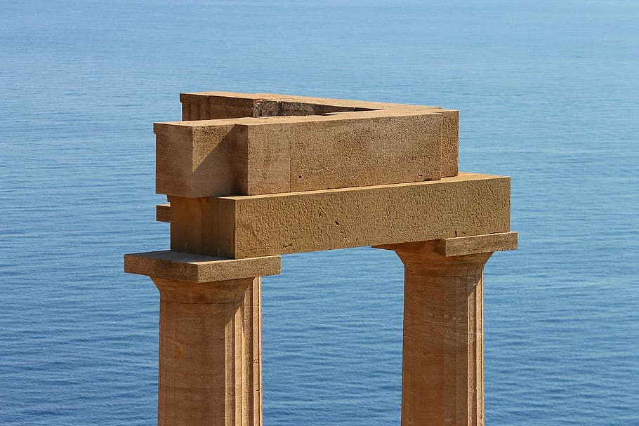 lindos, acropolis, columnar, greece, sea, blue, stony, stones HD wallpaper