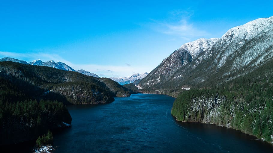 lakes, trees, mountains, snow, drone, water, scenics - nature HD wallpaper