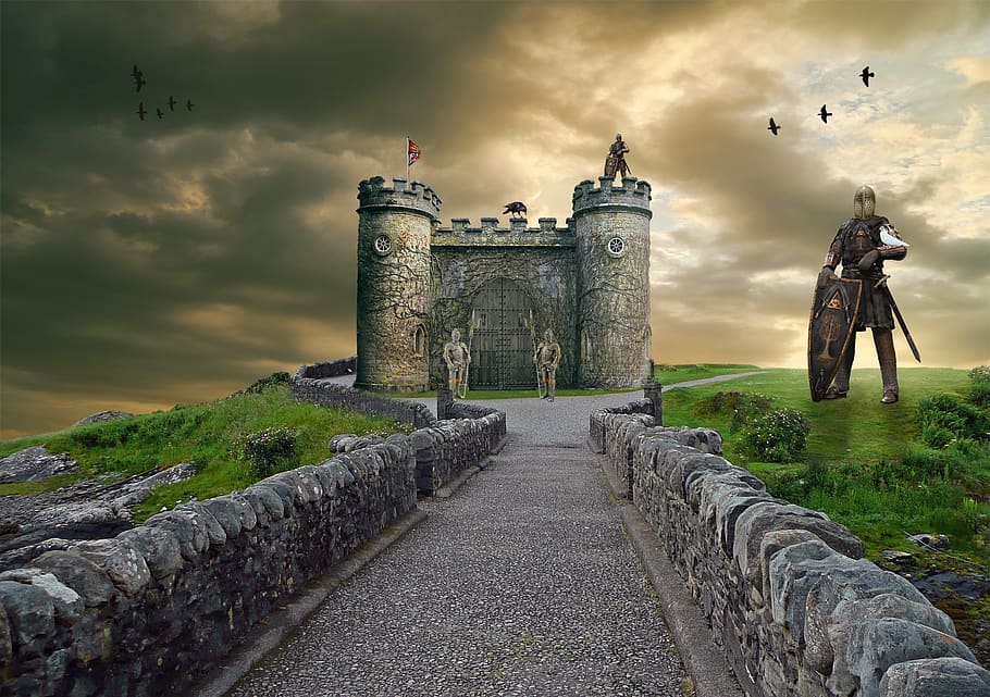 knight, castle, fantasy, landscape, medieval, fortress, cobblestone, HD wallpaper