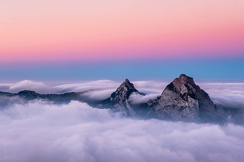 mountain, cloudscape, landscape, summit, peak, sunset, sunrise HD wallpaper