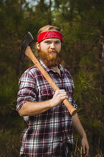 man carrying double-head axe, person, human, tool, beard, face HD wallpaper