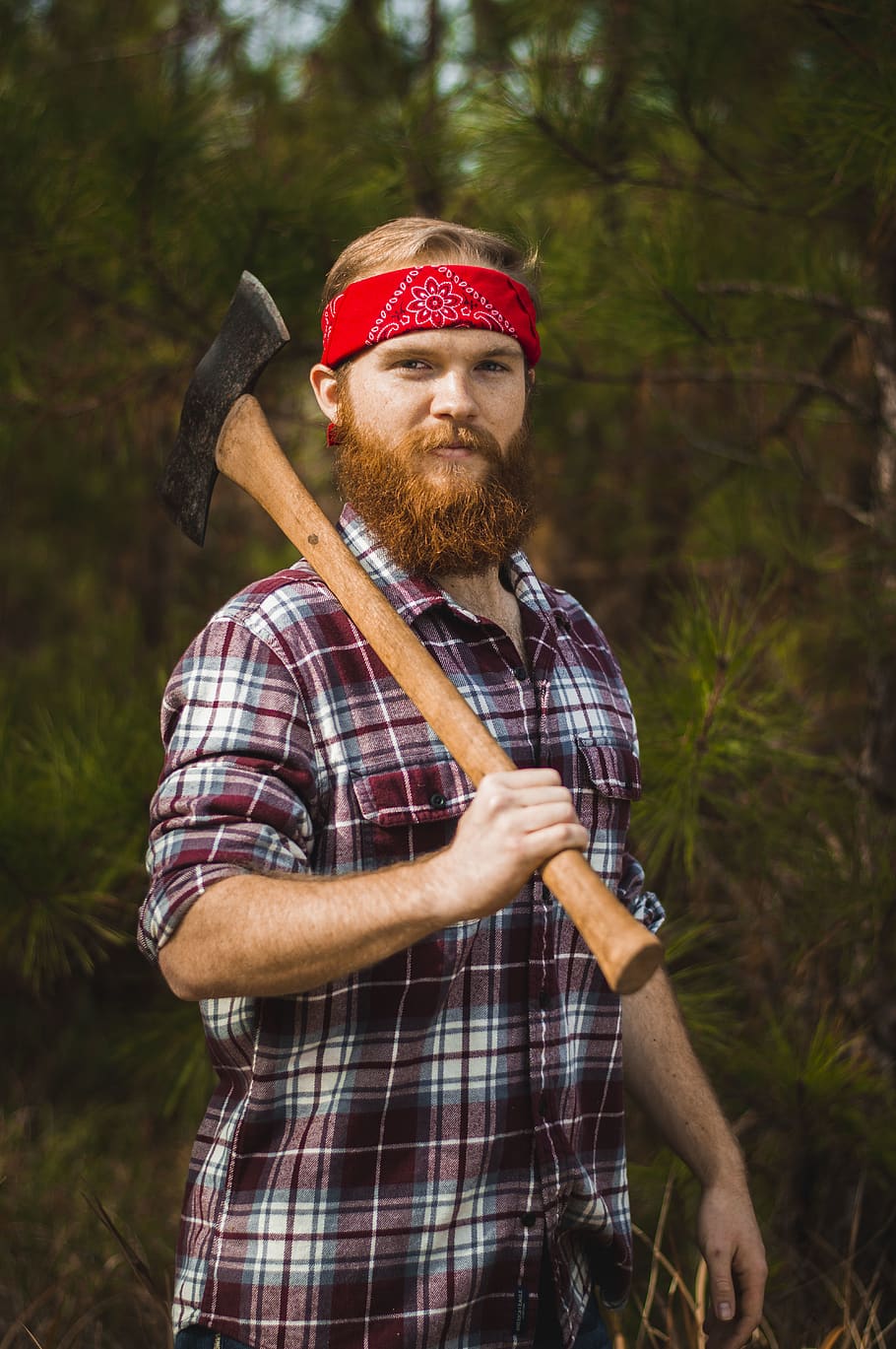 man carrying double-head axe, person, human, tool, beard, face HD wallpaper