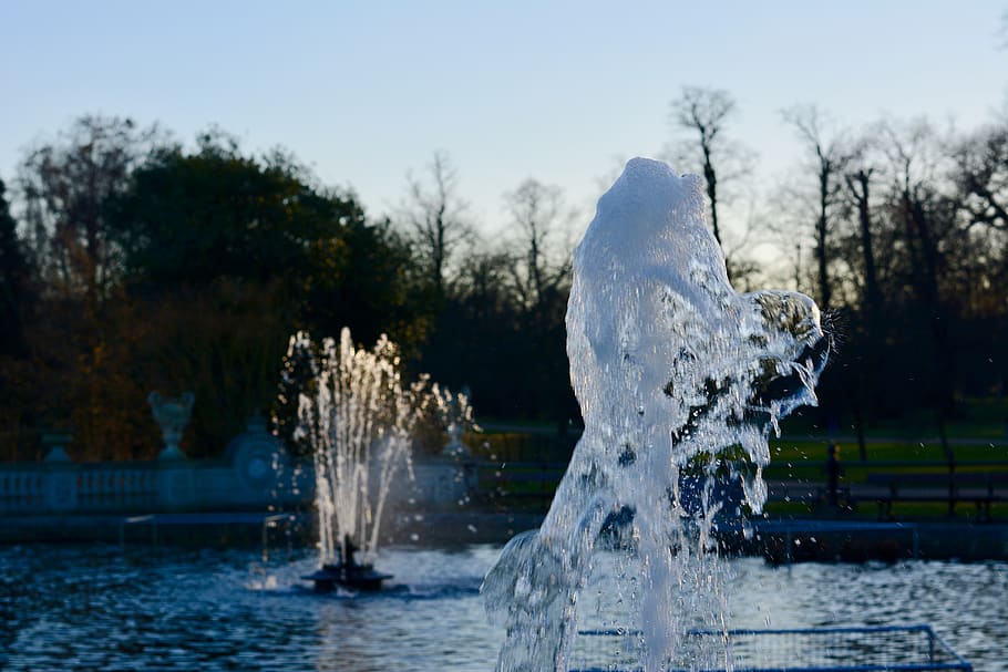 london, hyde park, united kingdom, long water, fountains, sunset, HD wallpaper