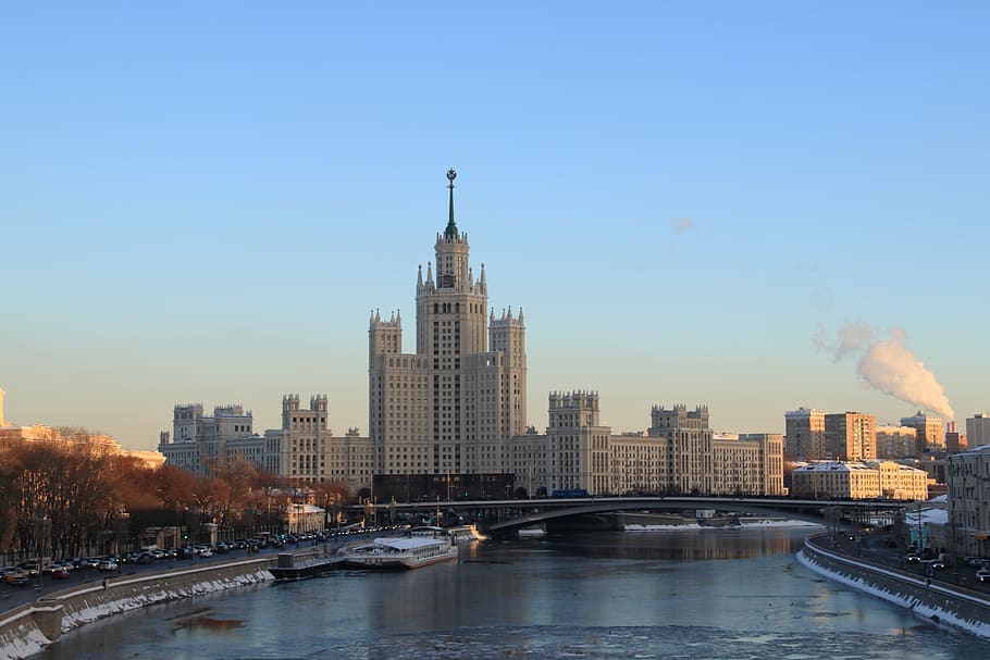 moscow, sunset, river, charge, landscape, sky, clouds, high rise building HD wallpaper