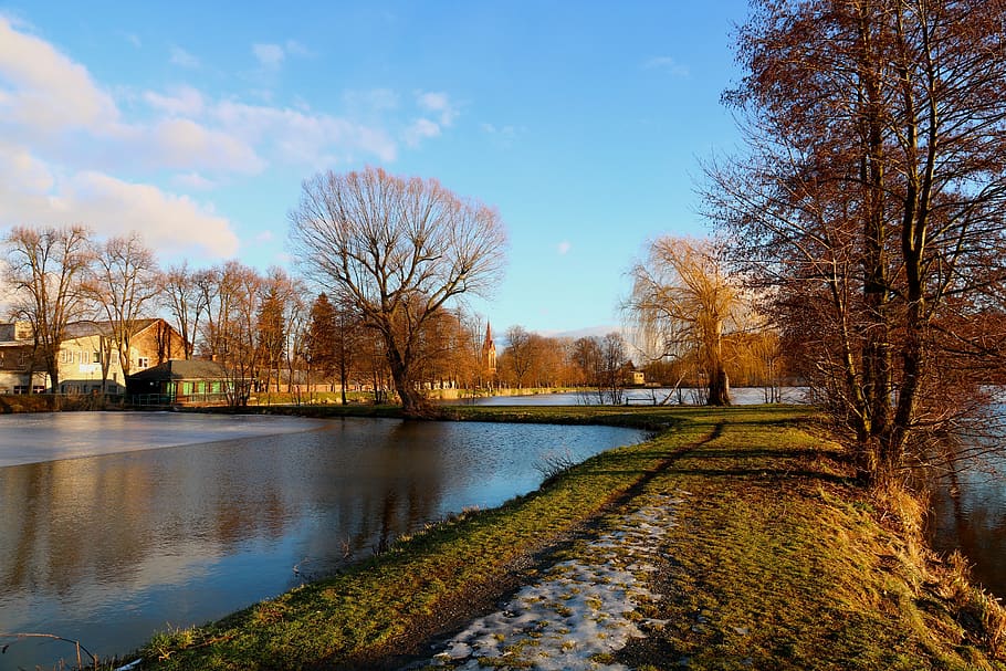 pond, winter, dam, landscape, sunset, water, path, tree, sky HD wallpaper