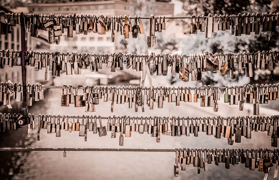 assorted padlocks hanged on wire, no people, abundance, large group of objects HD wallpaper