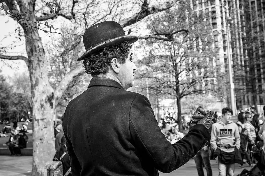 Charlie Chaplin, adult, black-and-white, cosplay, costume, crowd HD wallpaper
