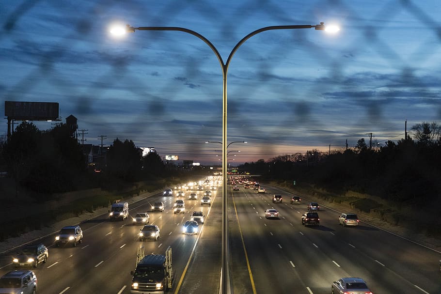highway, cars, illuminated, transportation, motion, road, night HD wallpaper
