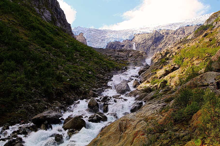 glacier, norway, valley, river, water, ice, stone, scree, mountain HD wallpaper