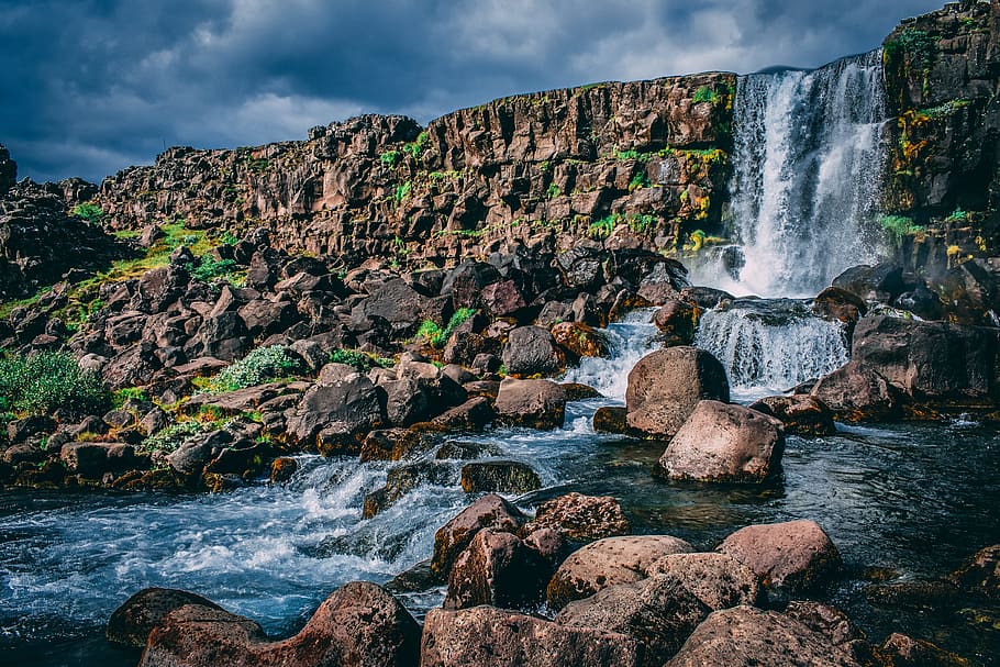 Timelapse Photo of Waterfalls, boulders, clouds, daylight, flowing HD wallpaper
