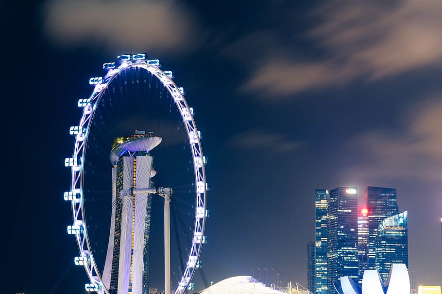 Singapore skyline, ferris wheel, amusement park, urban, lighting HD wallpaper