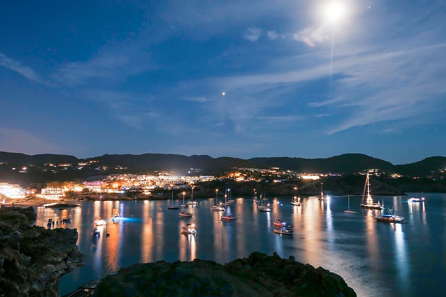 spain, cala tarida, moon, night, long exposure, sea, ocean HD wallpaper