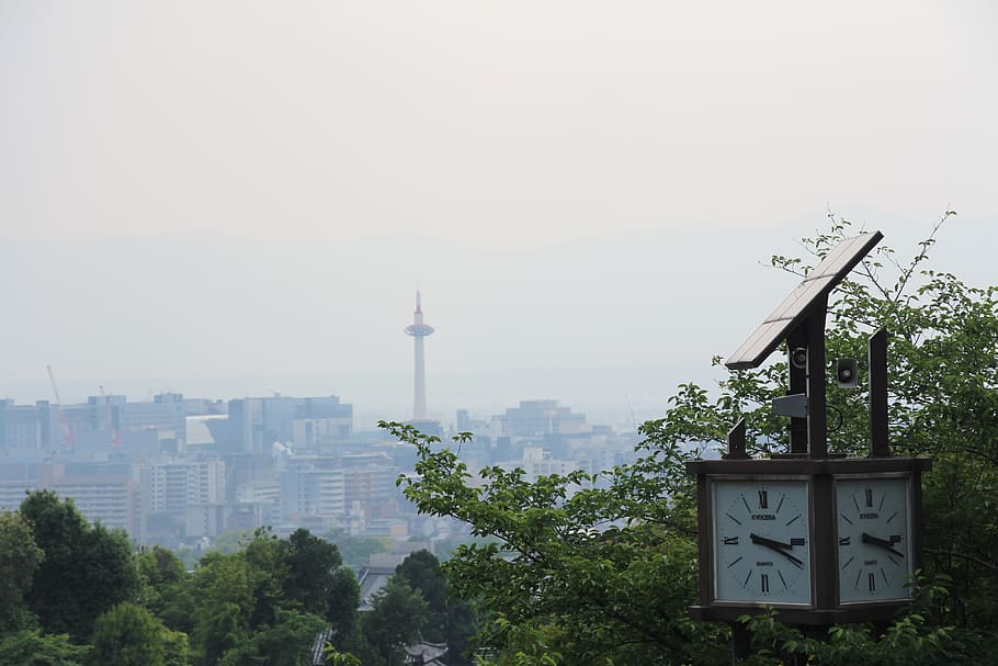 kyoto, kyoto tower, japan, mountain, fog, forest, city, nature and modern