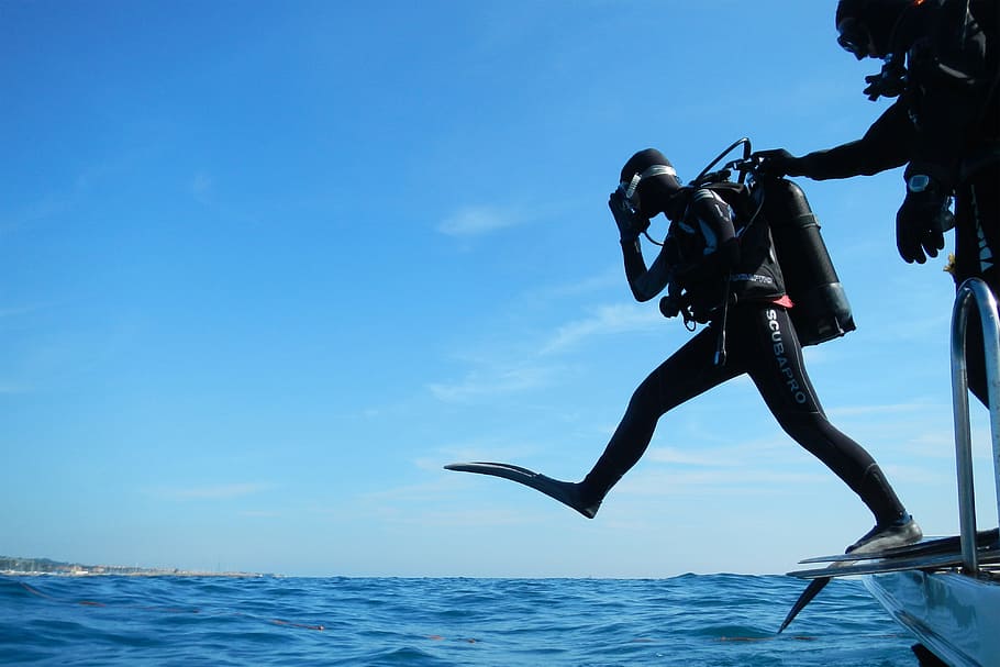 Scuba Leap, people, diver, divers, diving, sky, water, sea, adventure, HD wallpaper