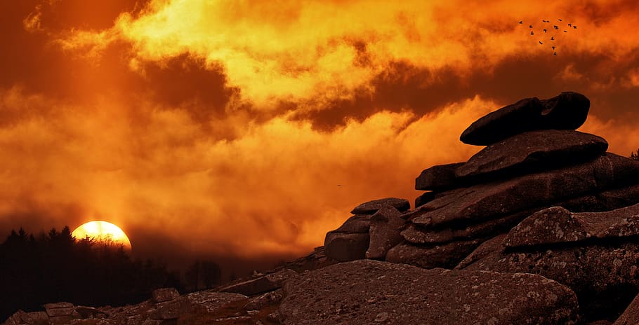 Pile of Rock during Golden Hour, clouds, dawn, nature, rocks HD wallpaper