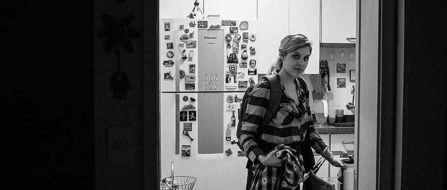 black and white, home, kitchen, zer, refrigerator, woman, one person HD wallpaper