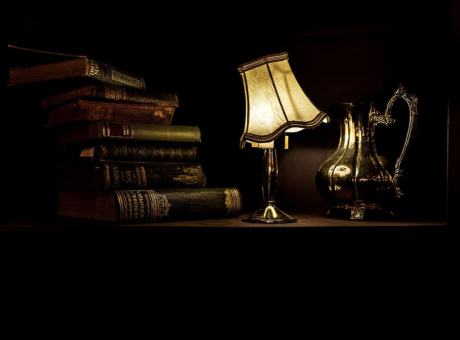 old, vintage, lamp, study, book, light, read, table, still HD wallpaper