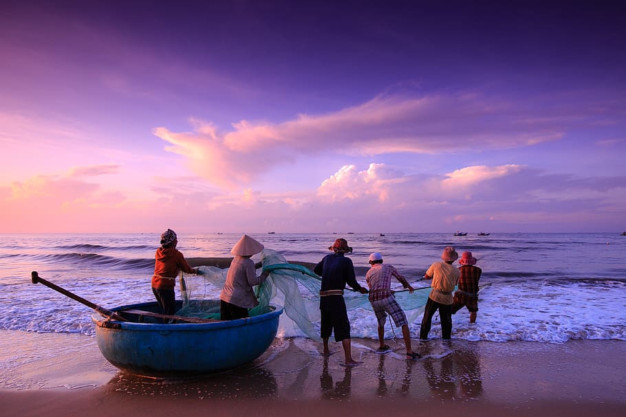 the fishermen, vietnam, fishing, the beach, binh thuan, work, HD wallpaper