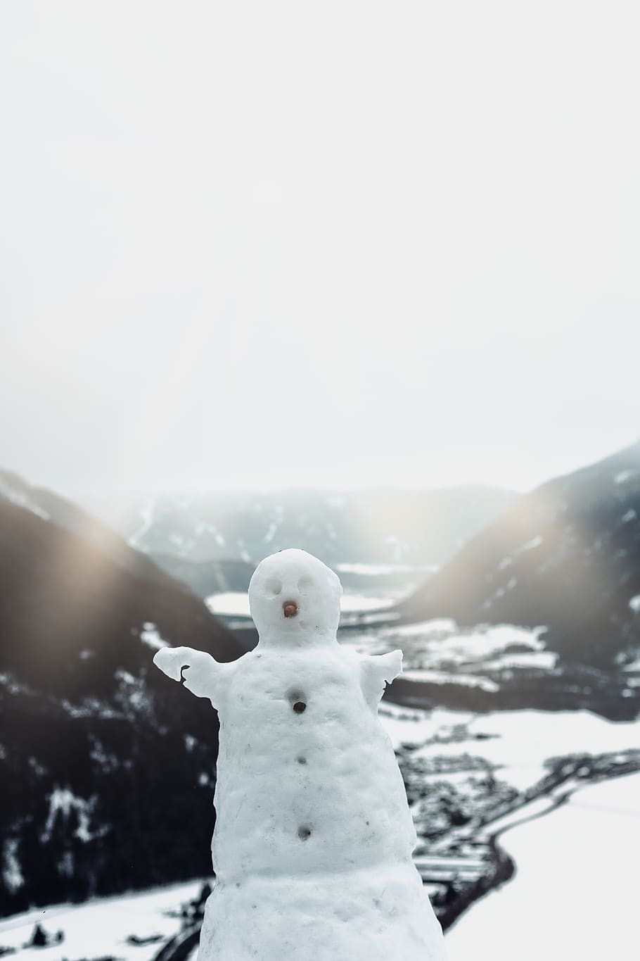 white snowman on side of hill, nature, outdoors, winter, sky