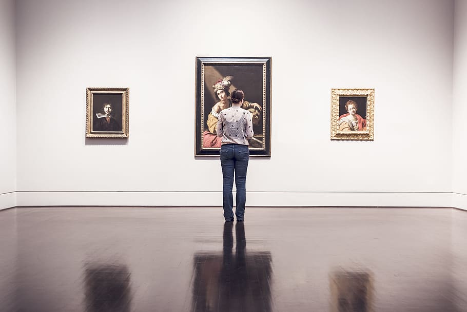 art, gallery, paintings, frames, wall, hardwood, floor, girl HD wallpaper