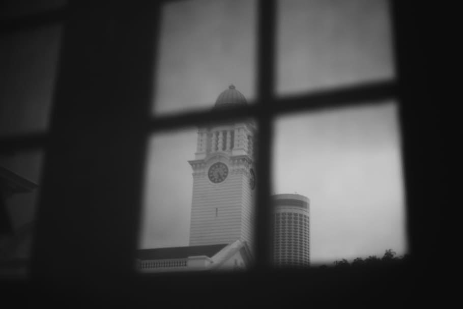 clock, tower, bell, window, curtain, soft focus, built structure HD wallpaper