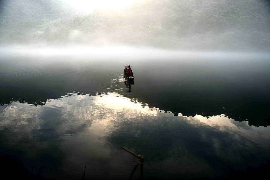 water, reflection, fog, lake, one person, tranquility, nature HD wallpaper