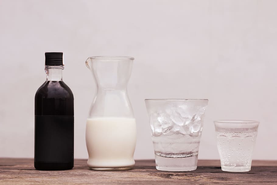 Four Glass on Table, beverage, bottle, close-up, cold, container HD wallpaper