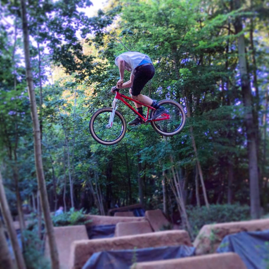 bikes, jump, cycling, forest, woodland, woods, dirtjump, jumping HD wallpaper