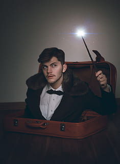 man wearing black tuxedo, magic, face, portrait, magic wand, person HD wallpaper