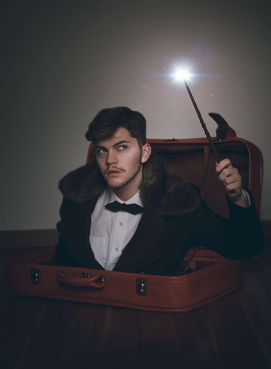 man wearing black tuxedo, magic, face, portrait, magic wand, person HD wallpaper