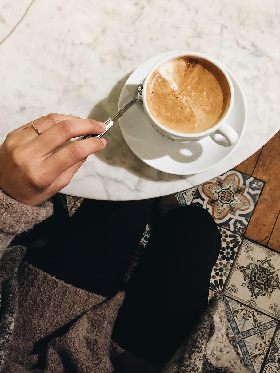 coffee cup, latte, beverage, drink, human, person, saucer, pottery HD wallpaper