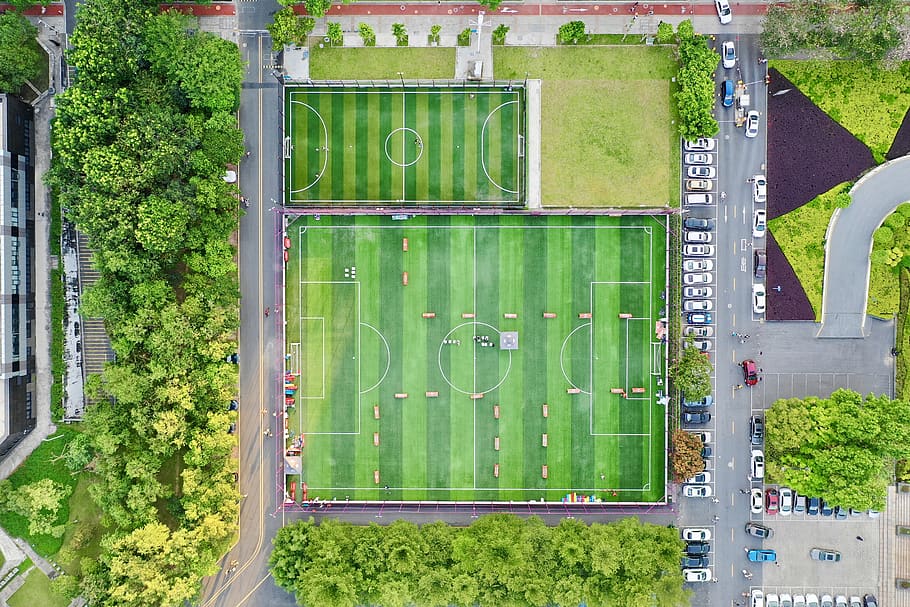 top view photography green football field, building, china, foshan shi, HD wallpaper