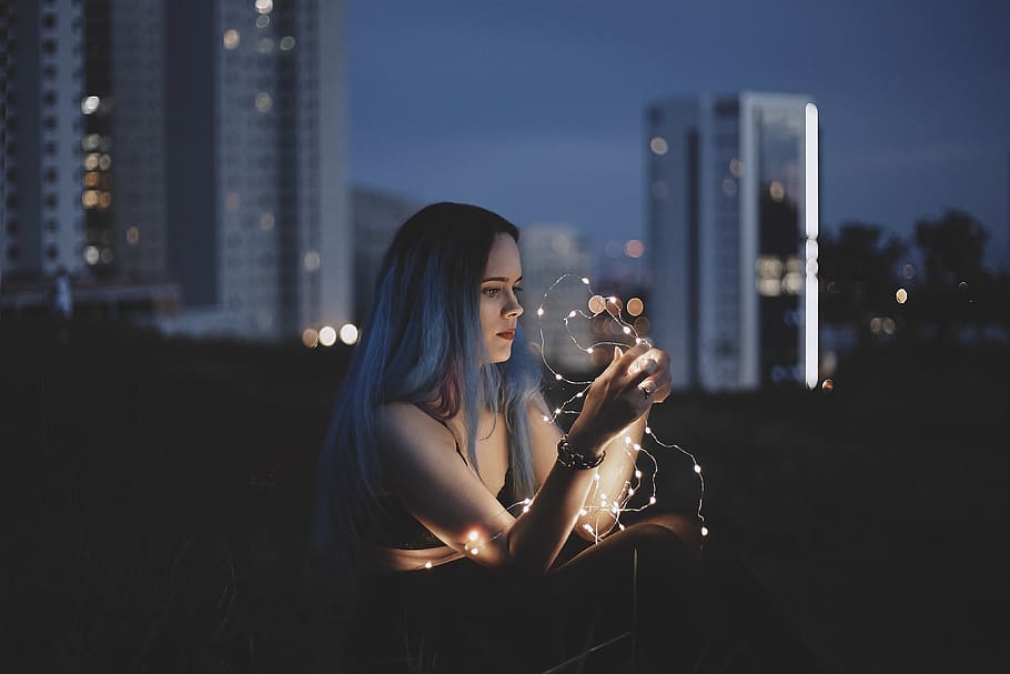 Woman Holding String Lights, person, building exterior, architecture HD wallpaper