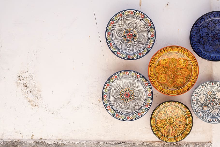six assorted-color plate on white surface, indoors, still life HD wallpaper