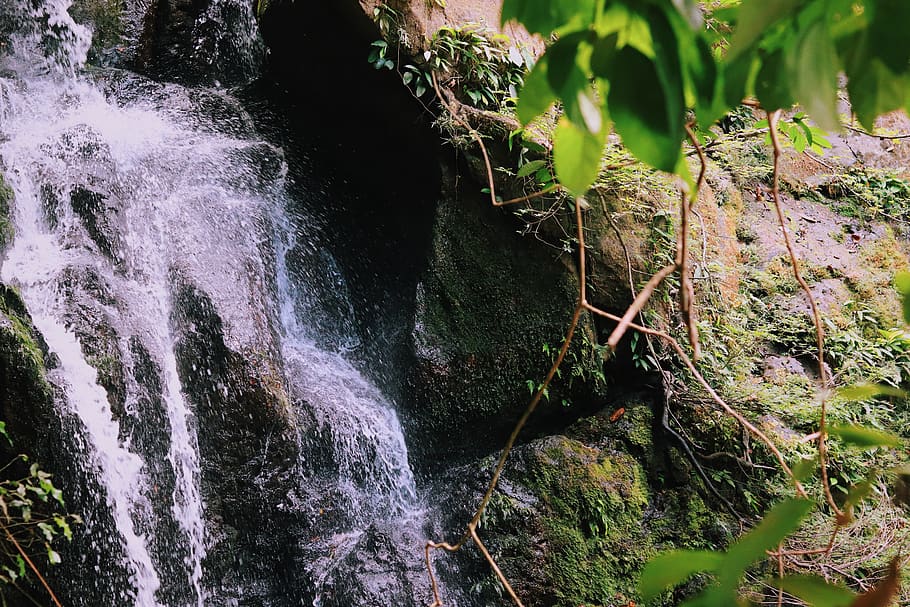 Waterfalls, cascade, environment, flow, landscape, moss, Mossy rocks HD wallpaper