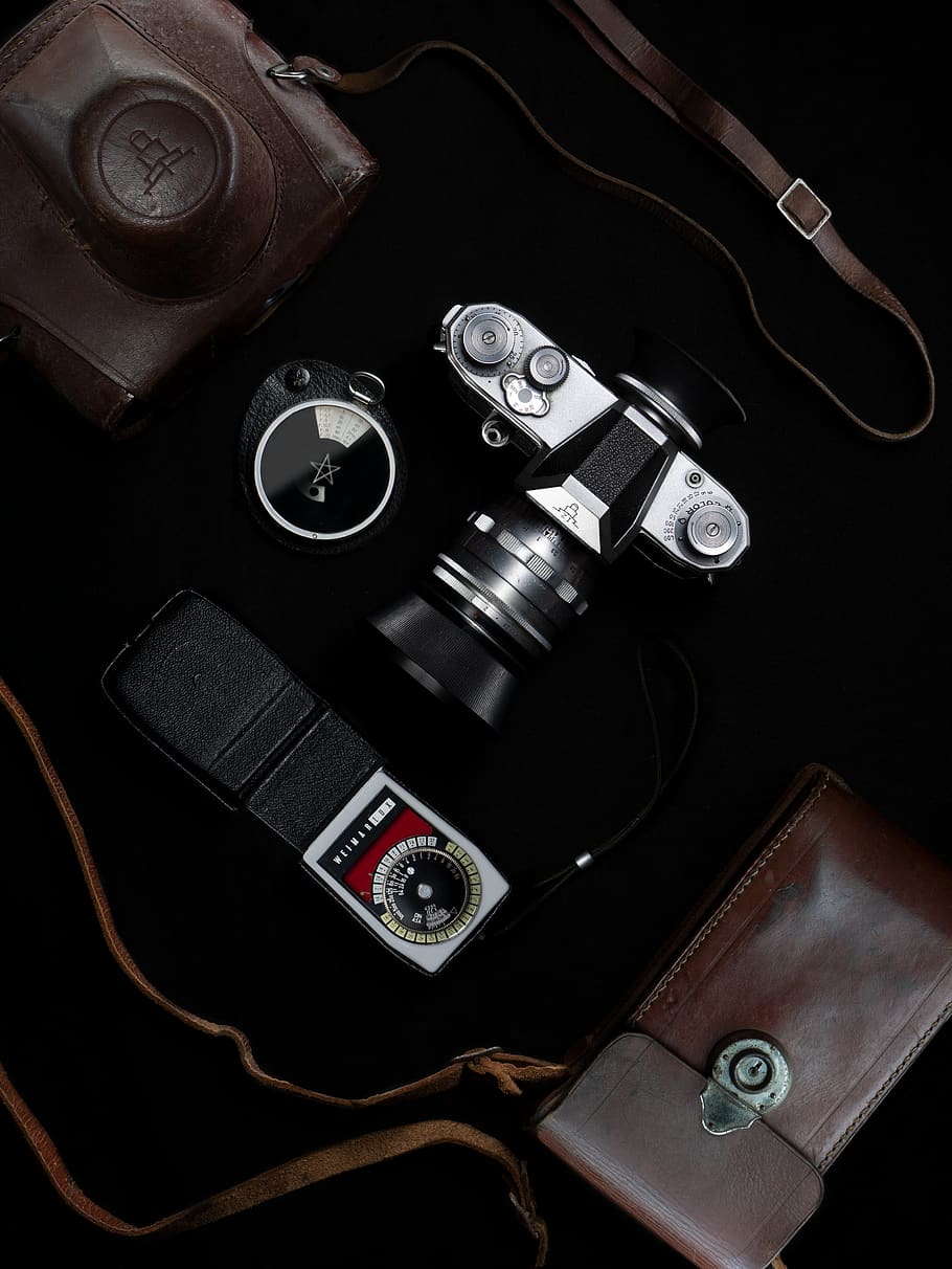 black and grey camera, electronics, strap, adapter, accessories HD wallpaper