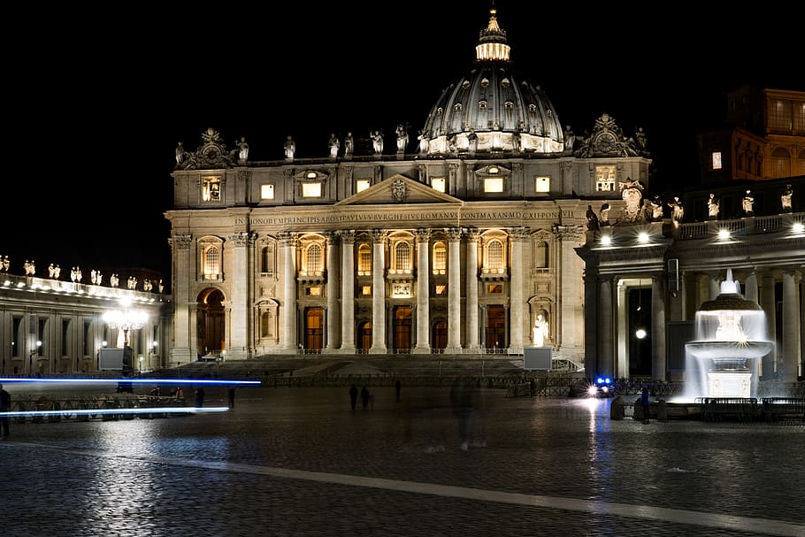 vatican city, square, fountain, night, evening, lights, rome