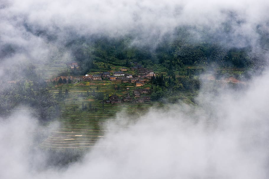 mountain, valley, village, cloud, fog, 85mm, built structure, HD wallpaper