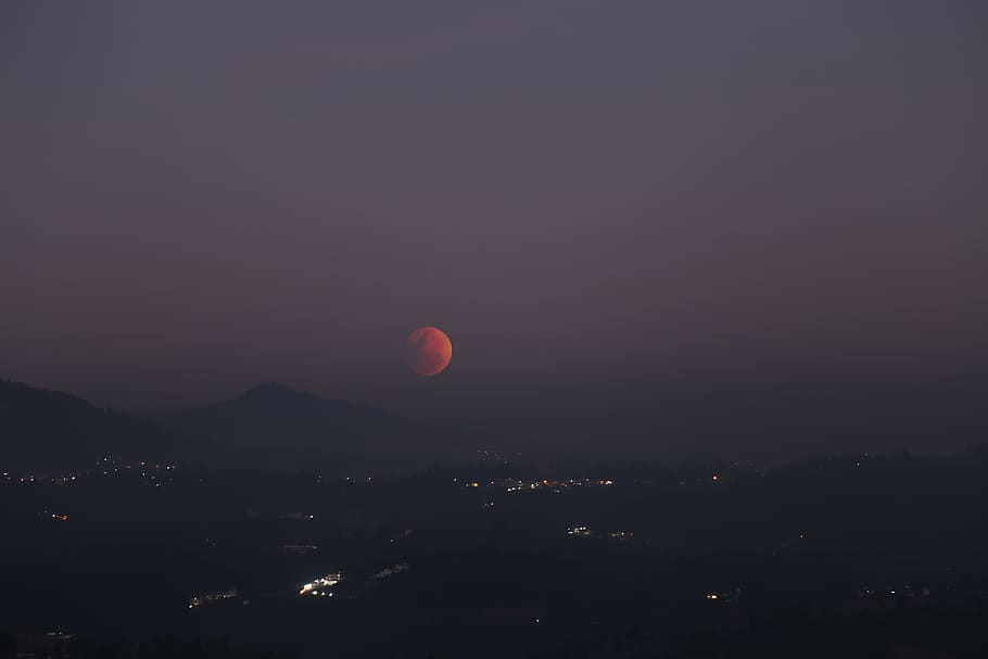 Lunar Eclipse, dusk, evening, full moon, landscape, lights, mountains HD wallpaper