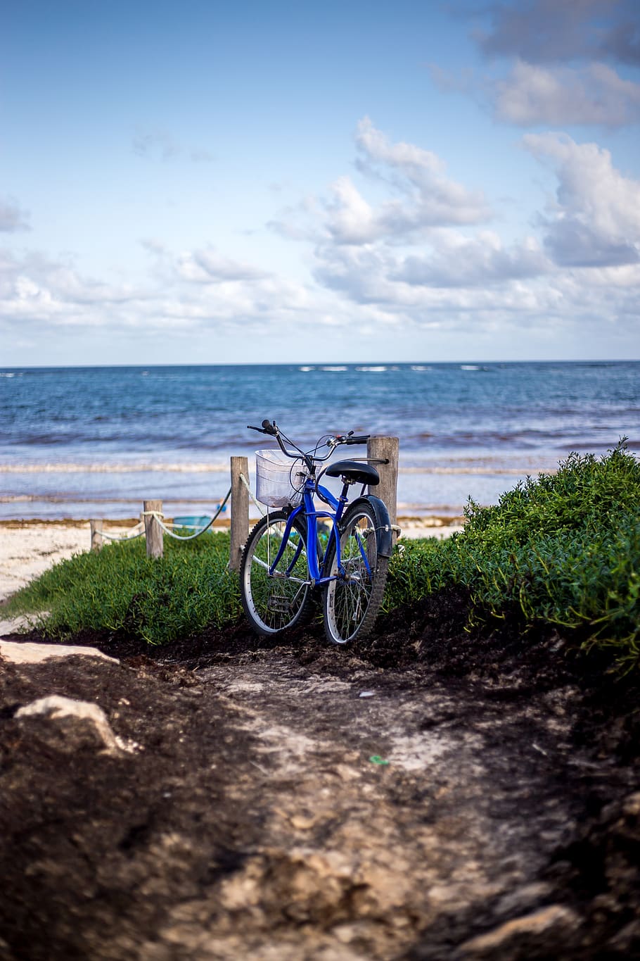 blue bicycle on seashore under cloudy sky, bike, transportation HD wallpaper