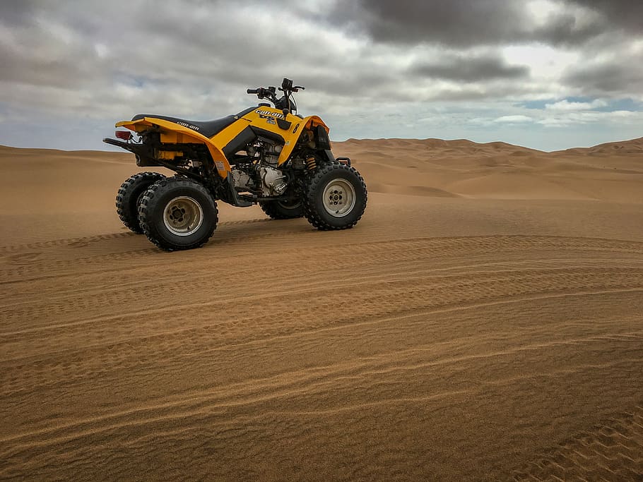 ATV on sand dune, mode of transportation, land vehicle, machinery HD wallpaper