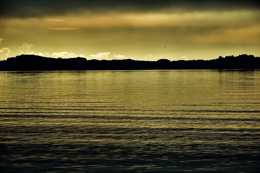 lake, sunset, landscape, orange, water, sky, cloud - sky, waterfront HD wallpaper