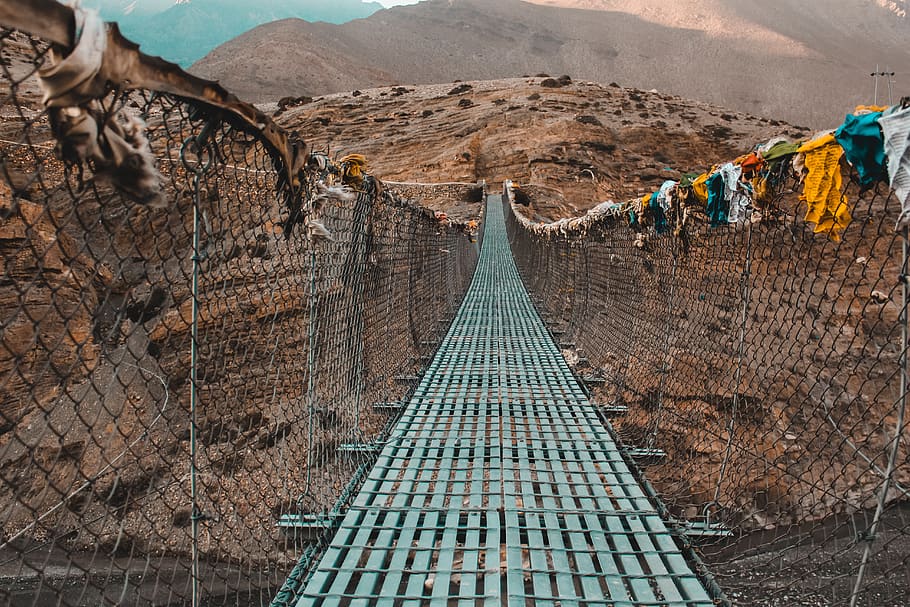 brown and gray hanging bridge, rope bridge, suspension bridge HD wallpaper