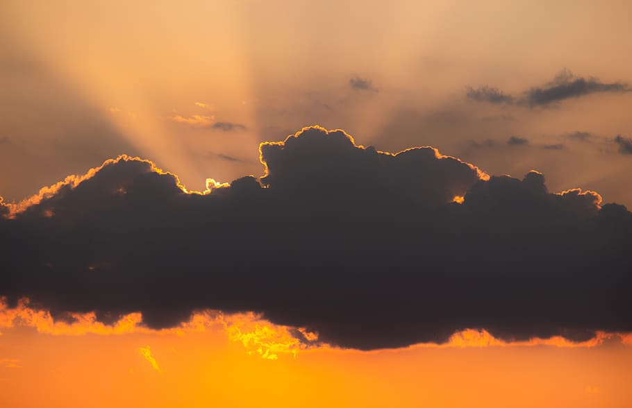 orange sky and dark clouds during sunset, sunrise, poland, owl mountains HD wallpaper