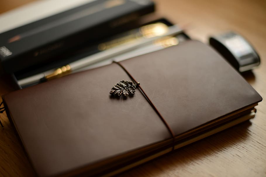 Brown Book, blur, close-up, desk, leather, organizer, pen, wood