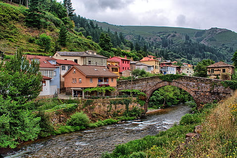bridge, river, landscape, rural, asturias, spain, built structure HD wallpaper