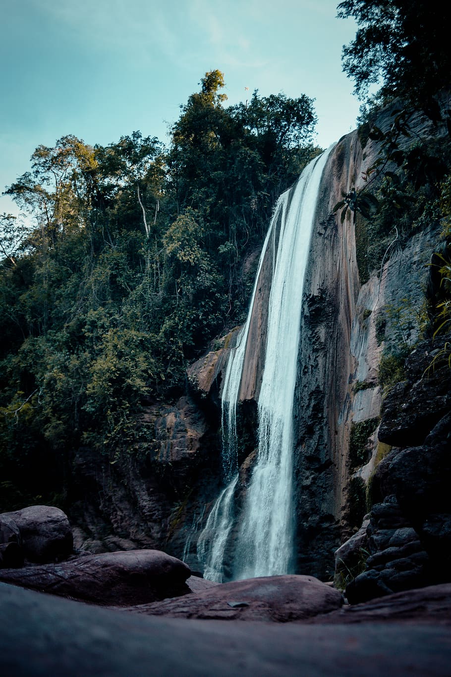 peru, chanchamayo province, waterfall, tree, rock, long exposure HD wallpaper